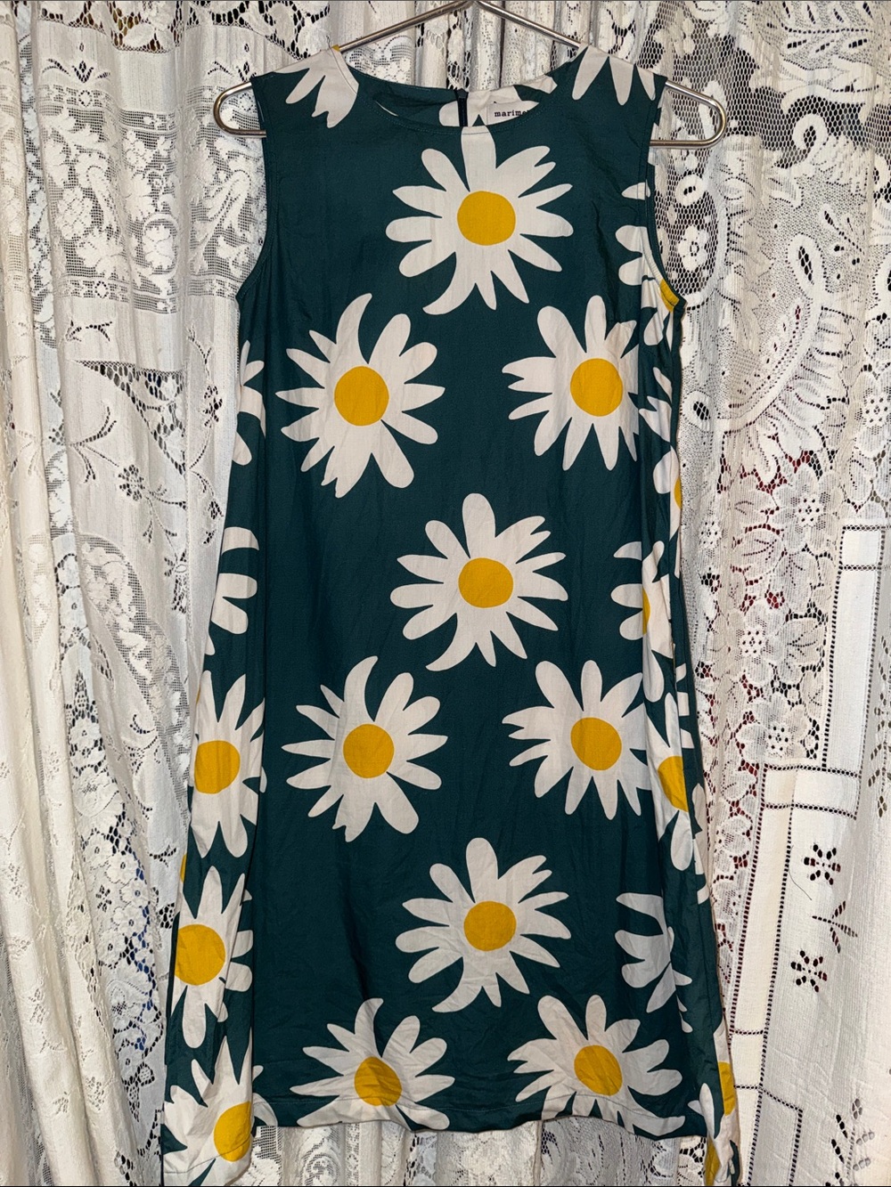 Marimekko Green Daisy Print Midi Dress with White and Yellow